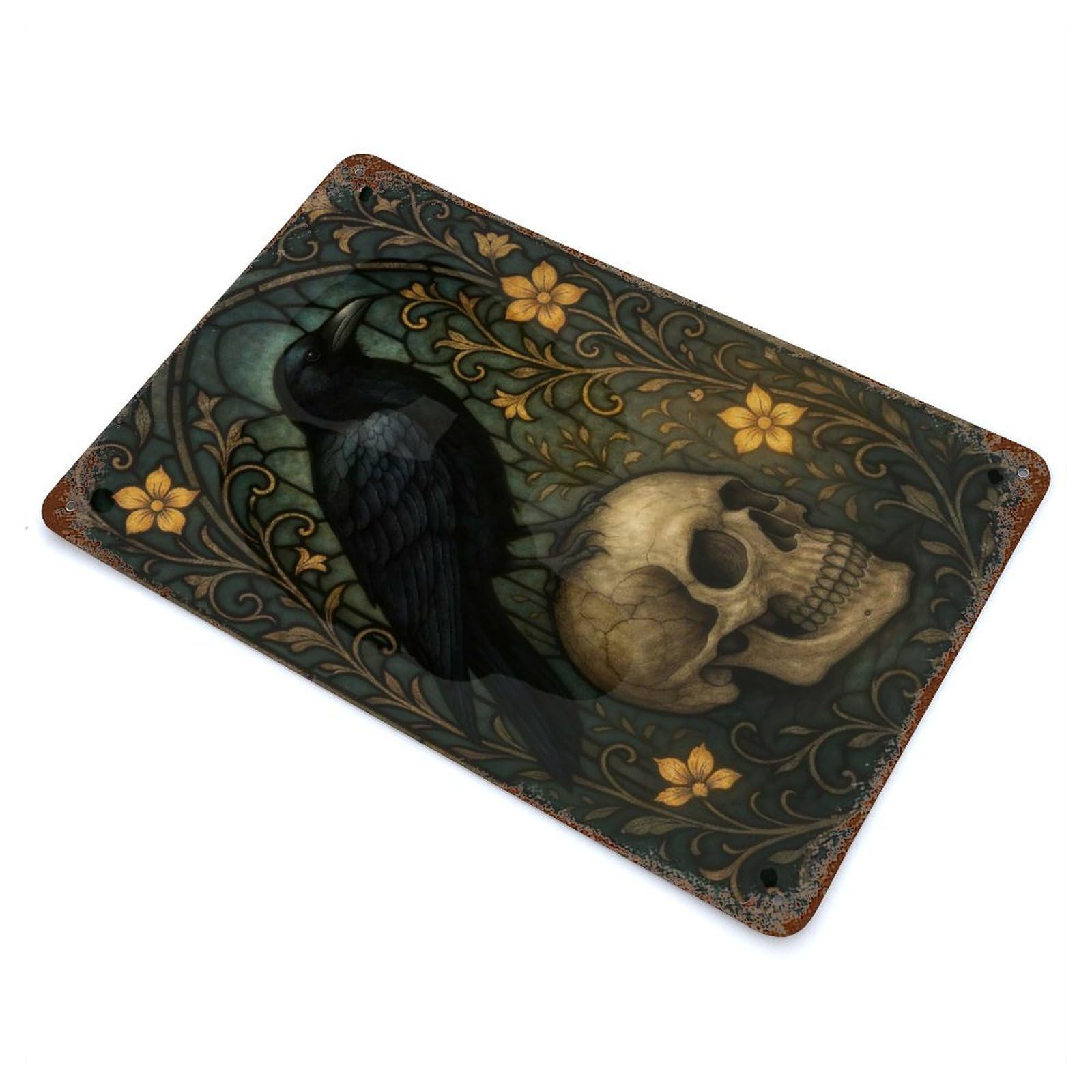 Stained Glass Raven on Skull Rust Effect Tin Sign 11.8"x7.9", Old School Wall Decor for Farmhouse, Kitchen And Entryway Decor