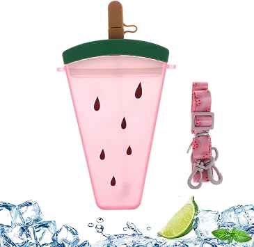 Cute Watermelon Slice Shape Water Bottles, 320ml Plastic Drinking Bottles with Straw and Adjustable Shoulder Strap, Portable Leakproof Water Cup for Outdoors Sports Camping Travel