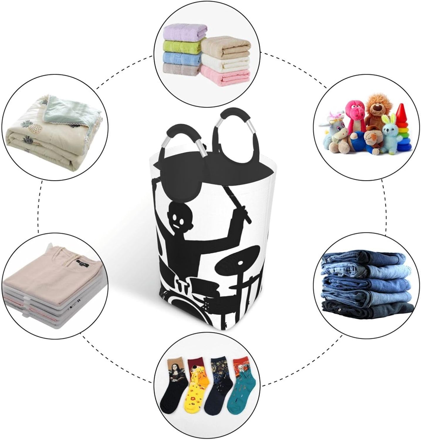 Laundry Basket Collapsible Clothes Hamper, Laundry Bag with Handles Blanket Toys Storage Basket, Dorm Room Essentials Accessories - Drummer