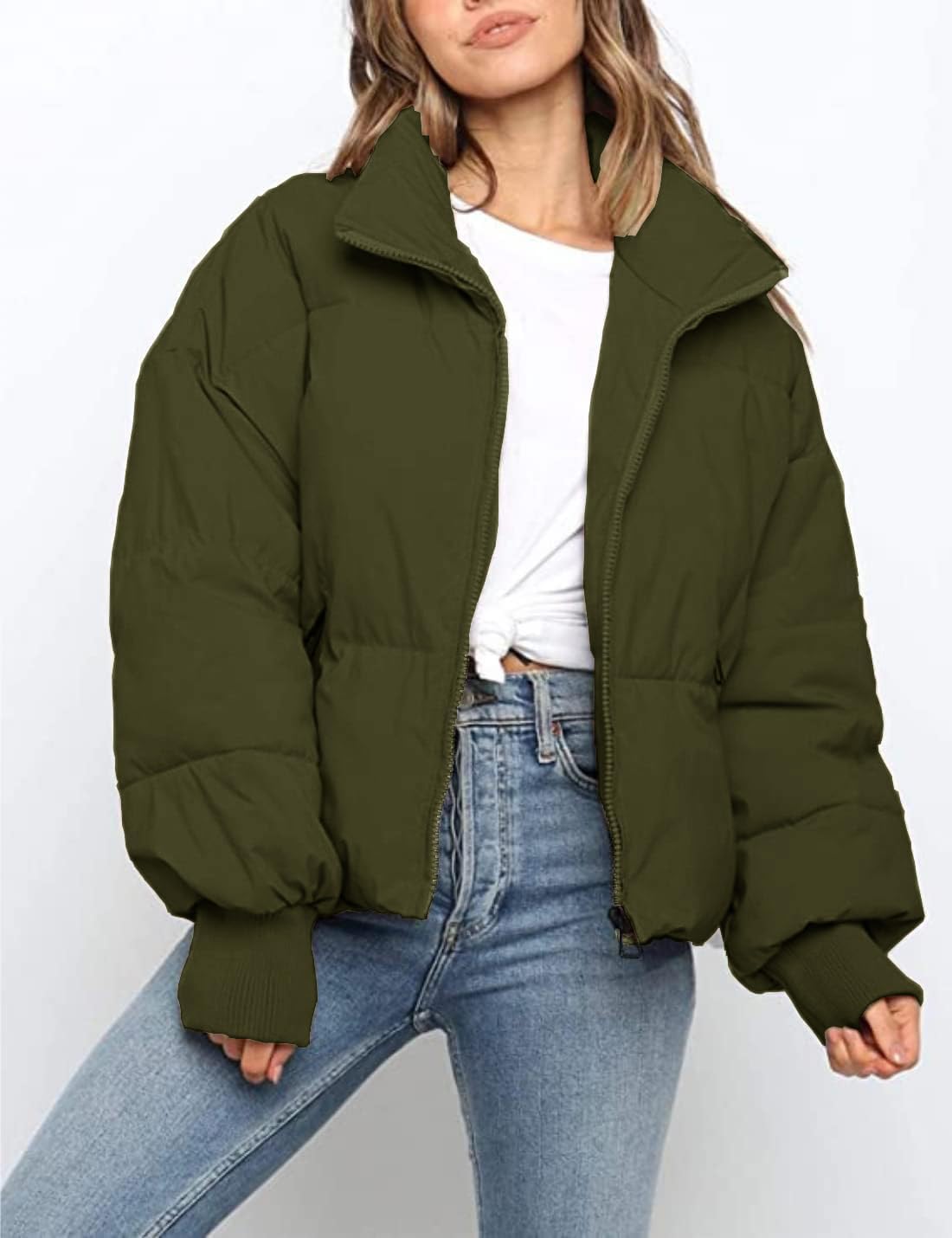 Muchpow Women's Winter Quilted Jacket Long Sleeve Full Zipper Short Warm Jacket With Pockets(Olive,Medium)