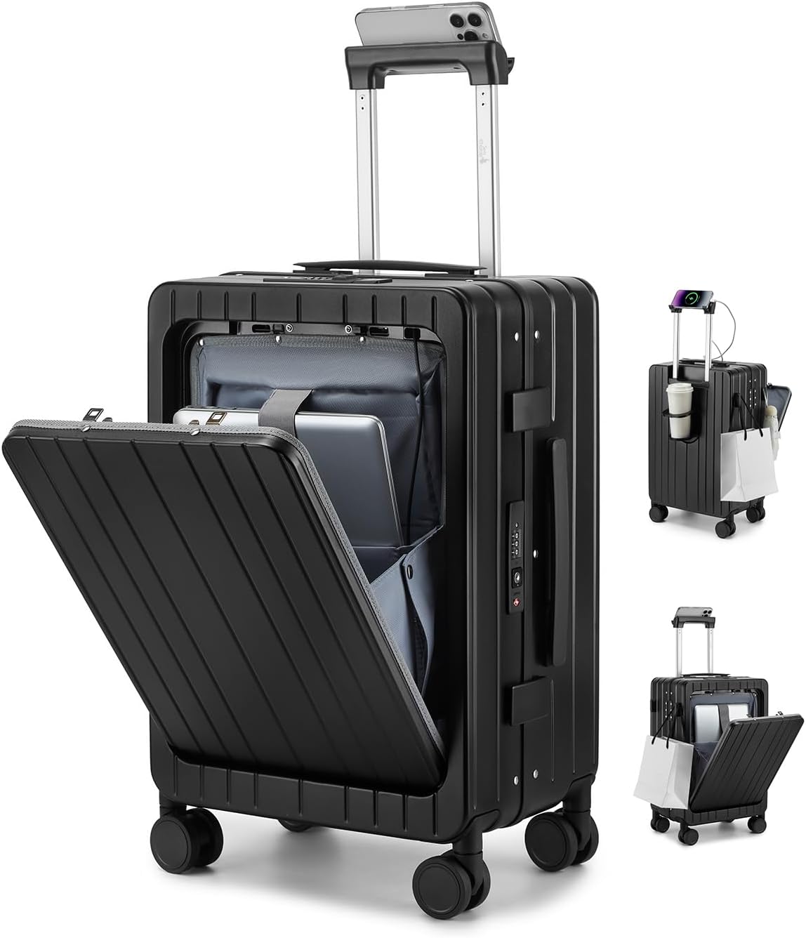 Somago 20 inch Carry On Luggage Aluminum Frame Front Pocket Suitcase With TSA Lock Lightweight PC Suitcases with Cup Holder USB Charging Port (Black, Carry on-20 Inch) Black Carry on-20 Inch