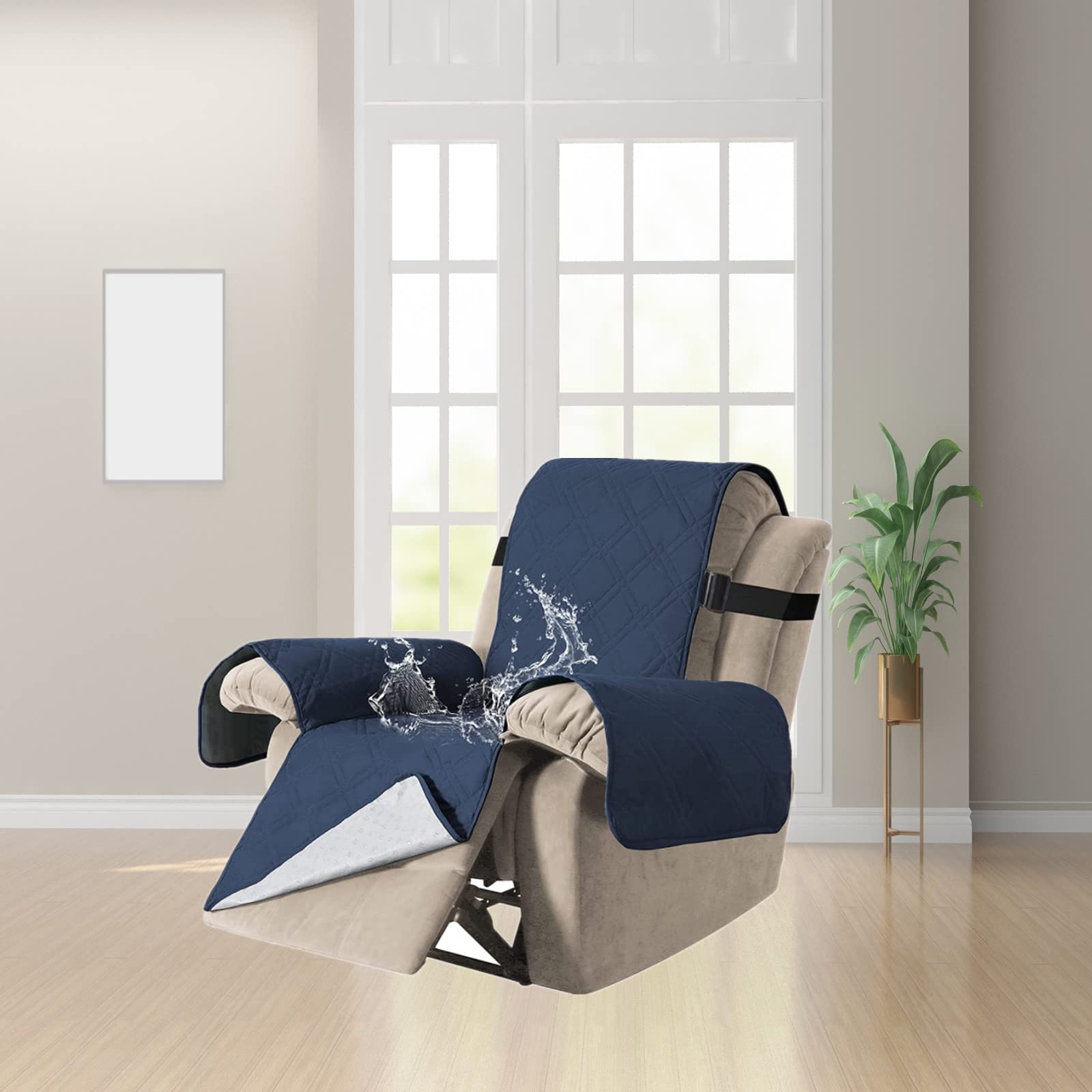 GAMUKAI Reversible Quilted Recliner Sofa Cover, Water Resistant Slipcover Furniture Protector, Washable Couch Cover with Elastic Straps for Kids, Dogs, Pets (Navy, Recliner Oversize)