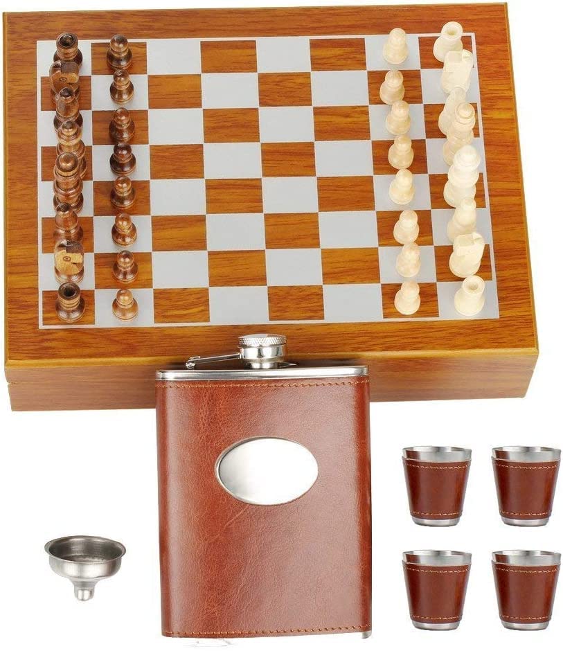 Image of Iktu Wooden Chess 235ml Brown Leather Hip Flask Set - Stainless Steel Flasks with Funnel and 4 Shot Glasses Gift Box