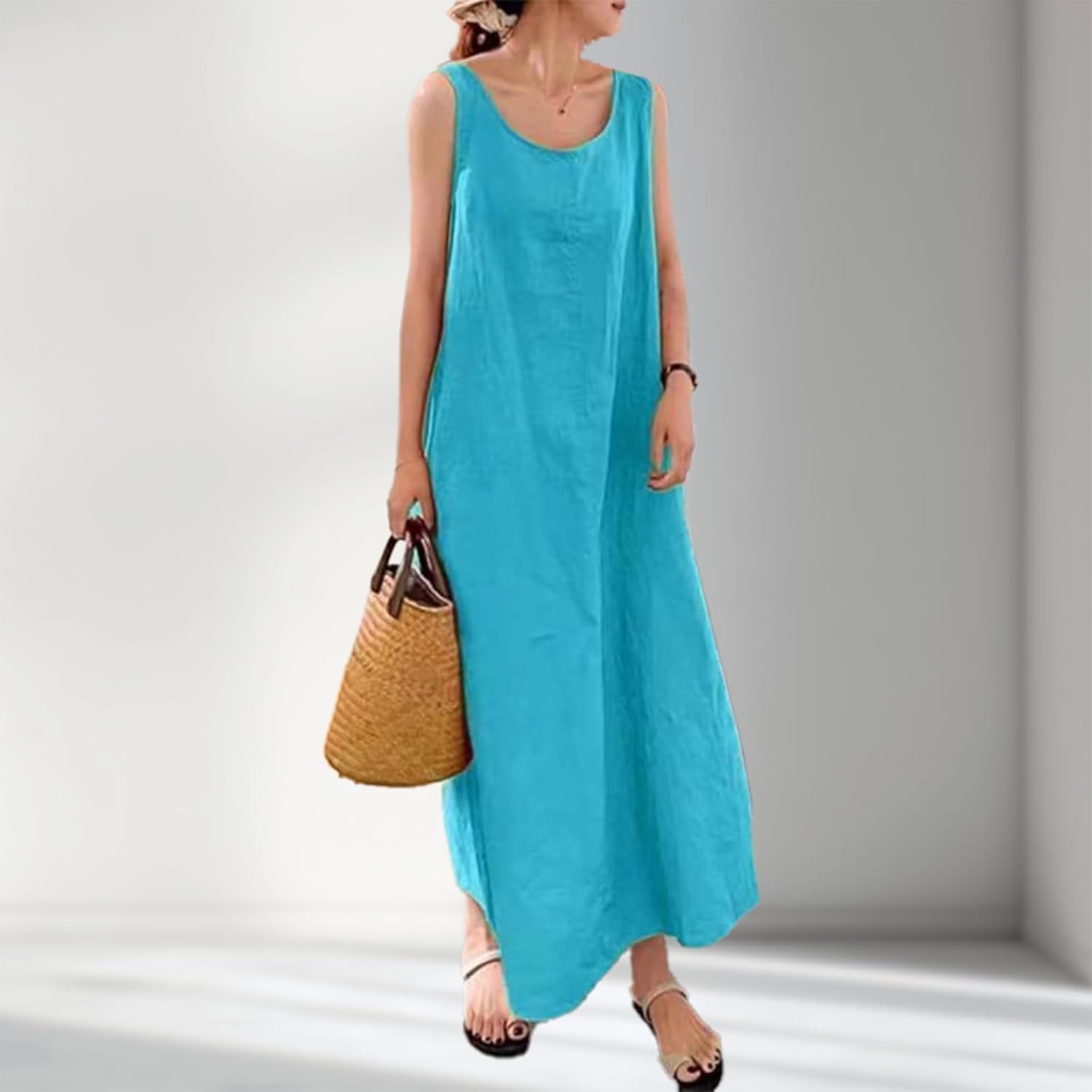 Women's Cotton-Linen Tank Sleeve Maxi Dress Loose Casual Solid Color Flowy Sleeveless Beach Dresses with Pockets - Image 2
