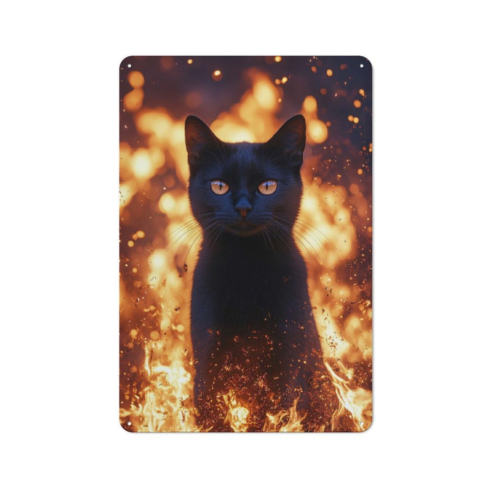 Black Cat in Fire Rustic Metal Sign 30x20cm for Café Or Restaurant, Suited to Café Owners And Decorators