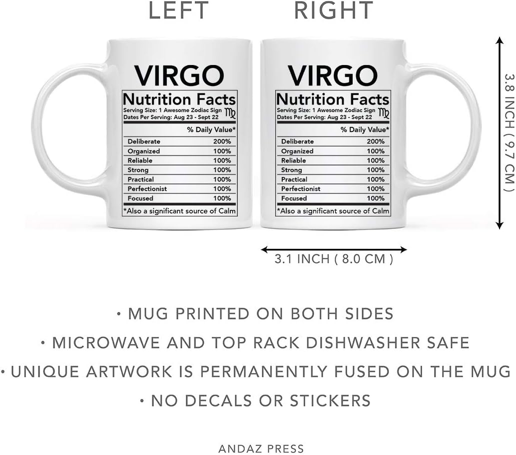 Andaz Press Astrological Zodiac Star Sign 11oz. Coffee Mug Gift, Virgo Characteristics Nutritional Facts, 1-Pack, Horoscope Virgo Birthday Christmas Office Cup Gifts Ideas