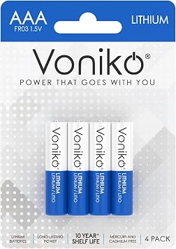 Voniko AAA Lithium Batteries, 4 Pack 1.5V 1250mah Lithium AAA BatteriesHigh Performance Triple AAA Long Lasting Battery for Flashlight, Toys, Remote Control, Alarm System Non-Rechargeable