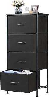 DUMOS Nightstand, Bedside Table with 4 Fabric Drawers | Night Stand with Removable Bins, Steel Frame Wood Top, Small Dre