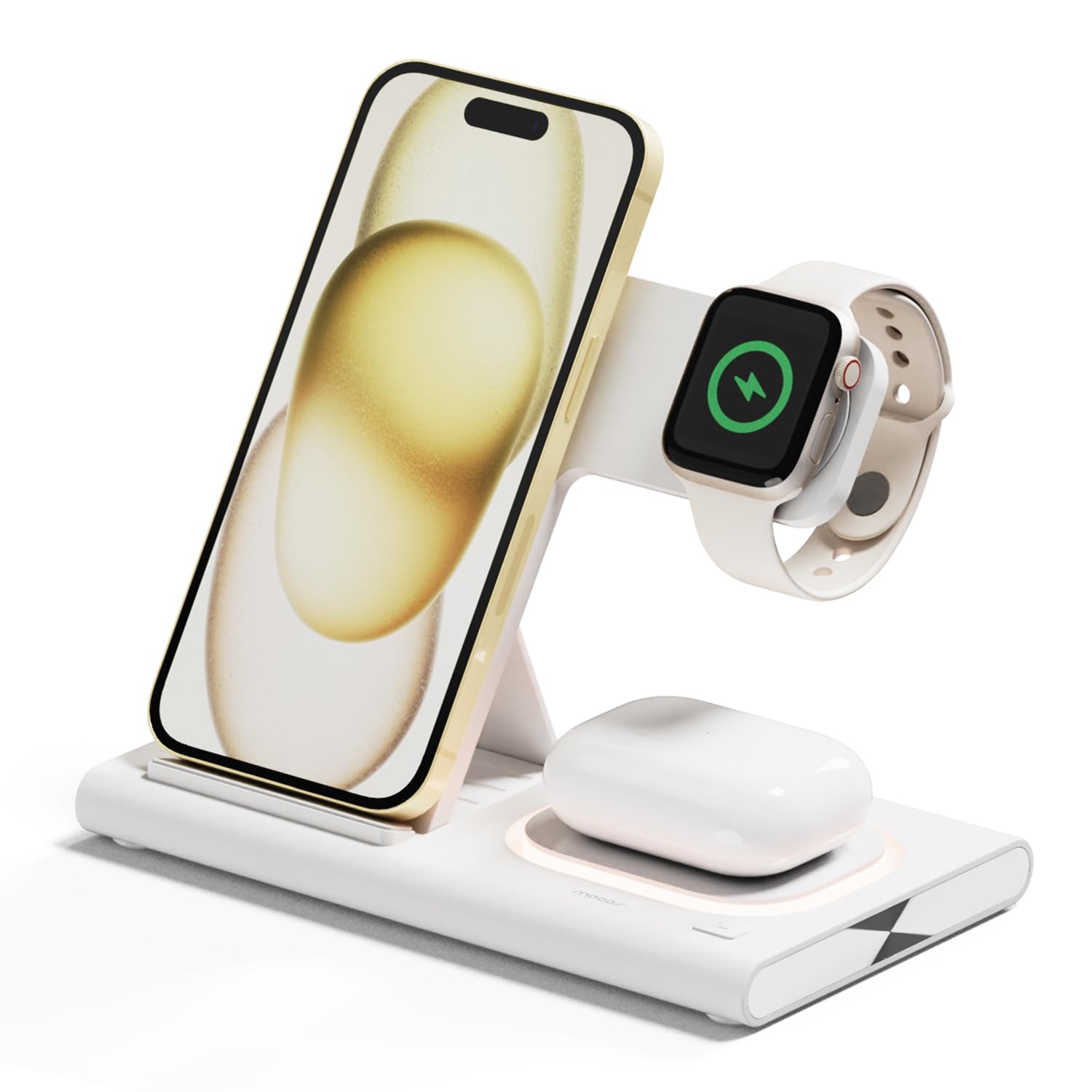 mooas 3 in 1 Wireless Charging Station, 15W Fast Wireless Charger Nightlight, Multiple Wireless Charging Stand Dock for iPhone 15/14/13/12/11/XR/XS/8 Pro Max Ultra S24/23/22/21 Airpods & Apple Watch Apple watch ver