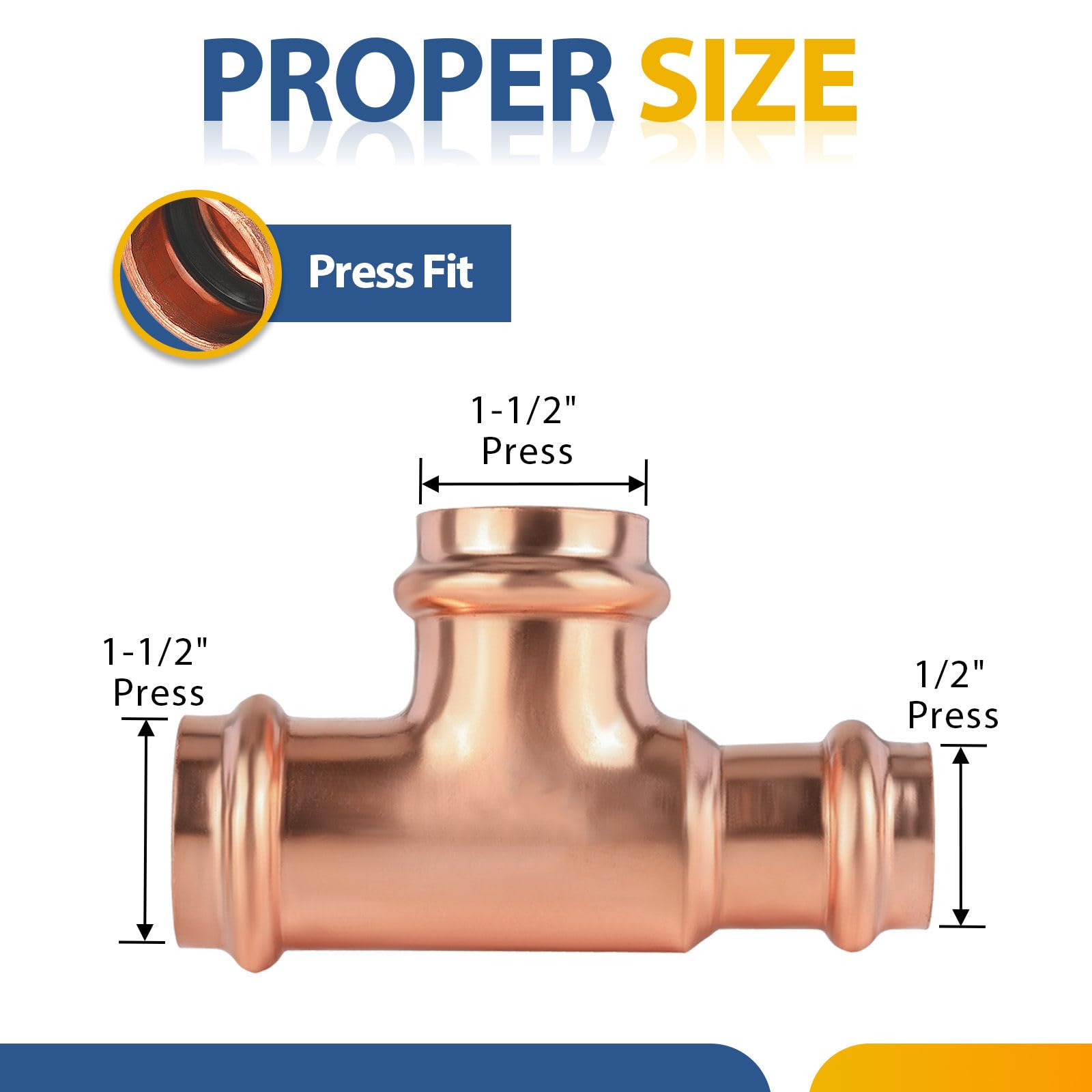 Paquete de 50 conectores en T reductores de cobre GUOFIS, 1-1/2" P x 1/2" P x 1-1/2", conector en T reductor de presión para plomería, conector de tres vías para derivación de tamaño de tubería.