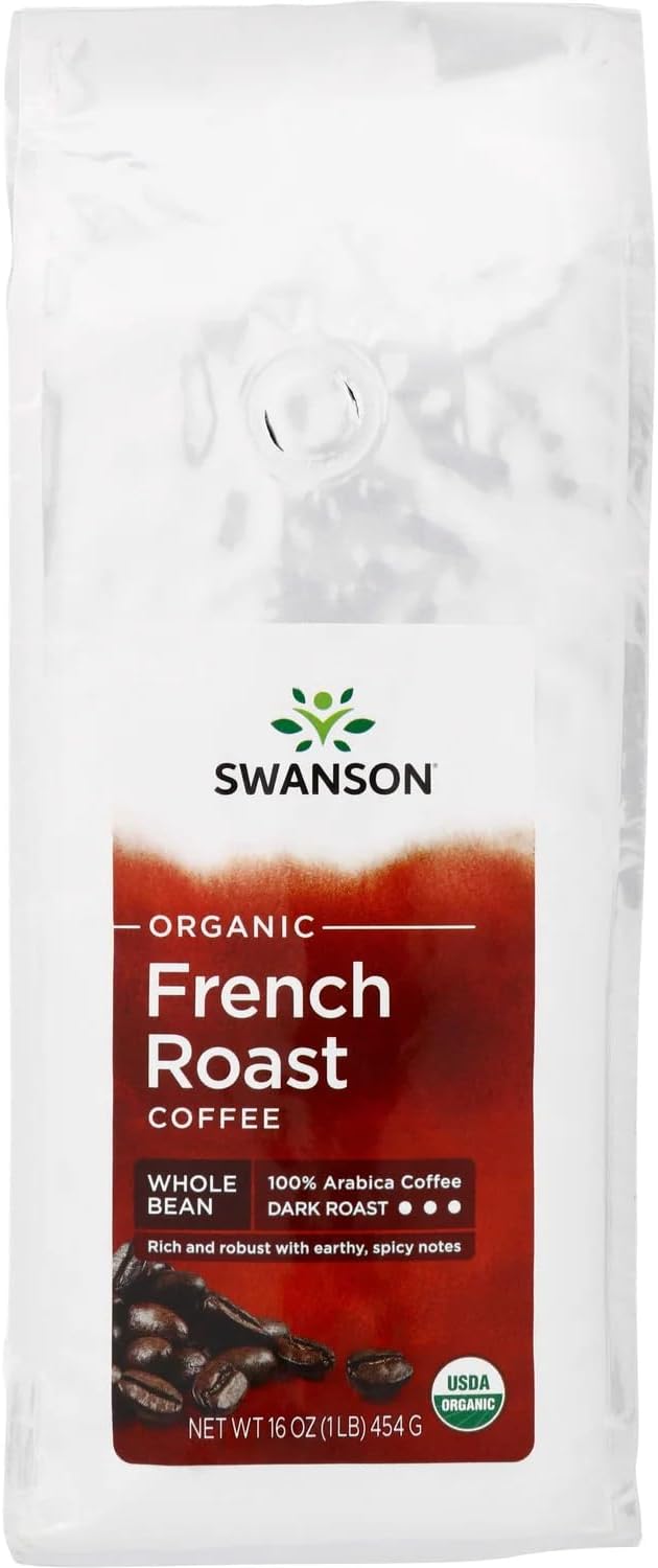 Swanson French Roast Whole Bean Organic Coffee - Dark 16 Ounce (1 lb) (454 g) Pkg