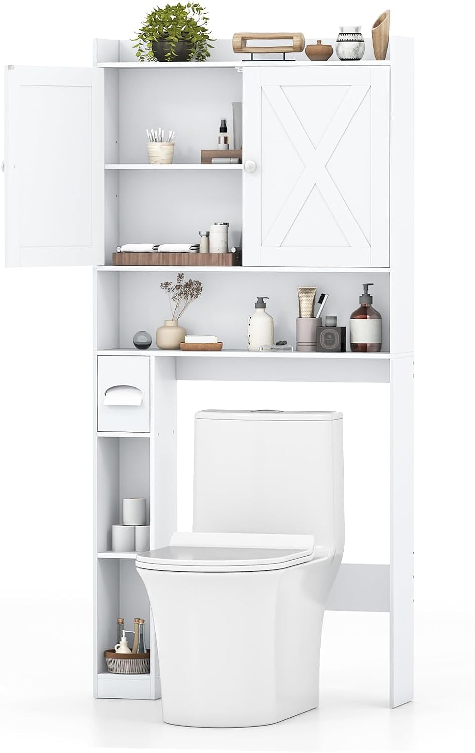 GIANTEX Mueble sobre Inodoro, Armario de Baño con Puertas, Compartimentos Abiertos y Soporte para Papel Higiénico, Estante Inferior Ajustable, 81,5x19,5x172,5cm, Organizador para Lavandería (Blanco)