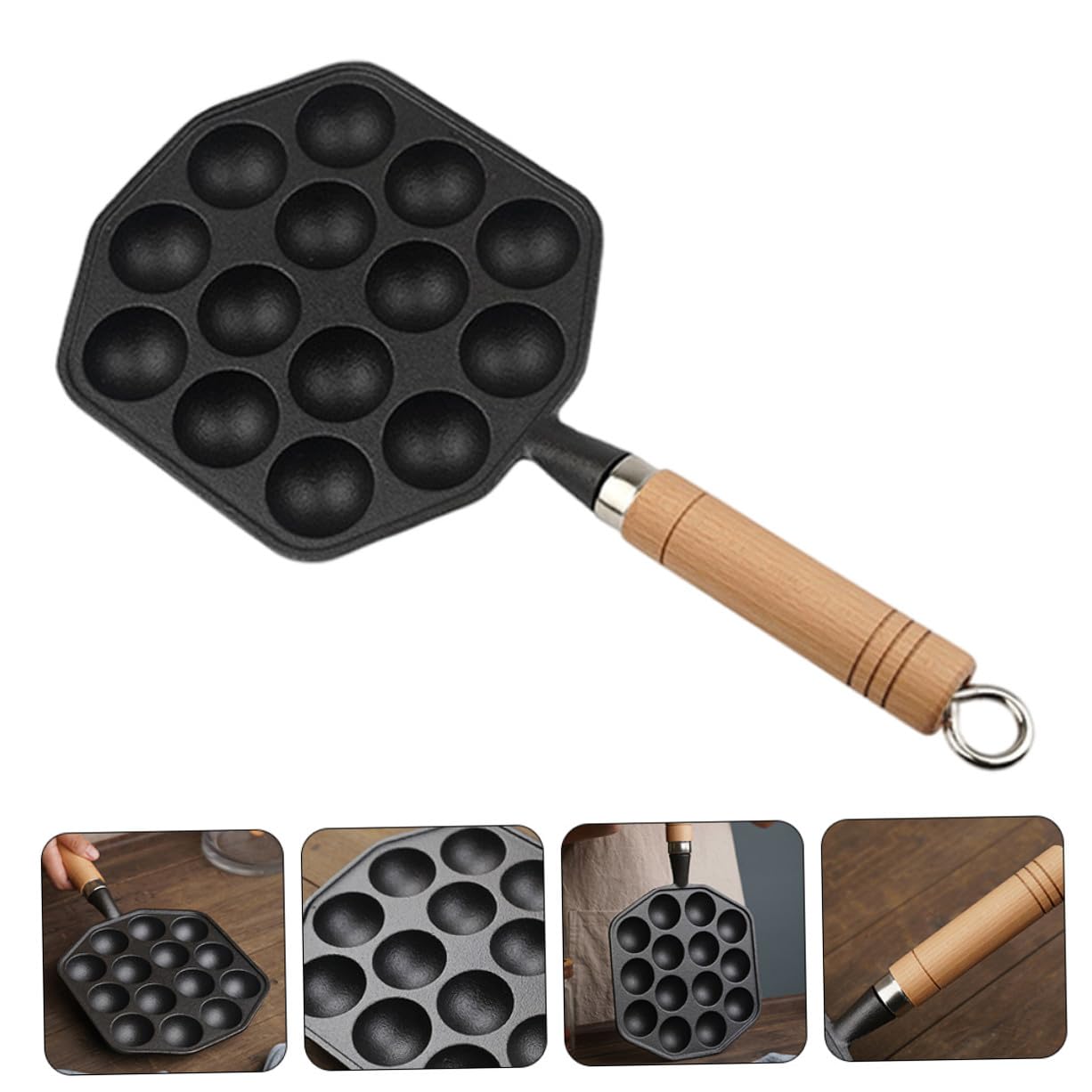 Padella in Ghisa 14 Fori, Manico in Legno, Bordo Liscio e Superficie Antiaderente per Polpette e Snack in Cucina