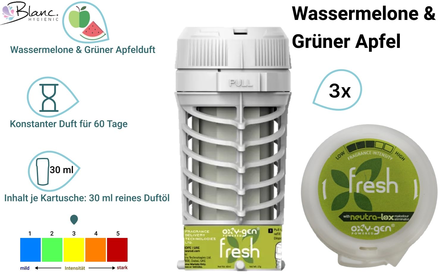Blanc Aromaöl Duftkartusche Fresh Wassermelone & Apfel, 30 ml | 30 ml reines Duftöl, konstante Duftintensität bis 60 Tage, recycelbar & weitläufige Aromaverteilung