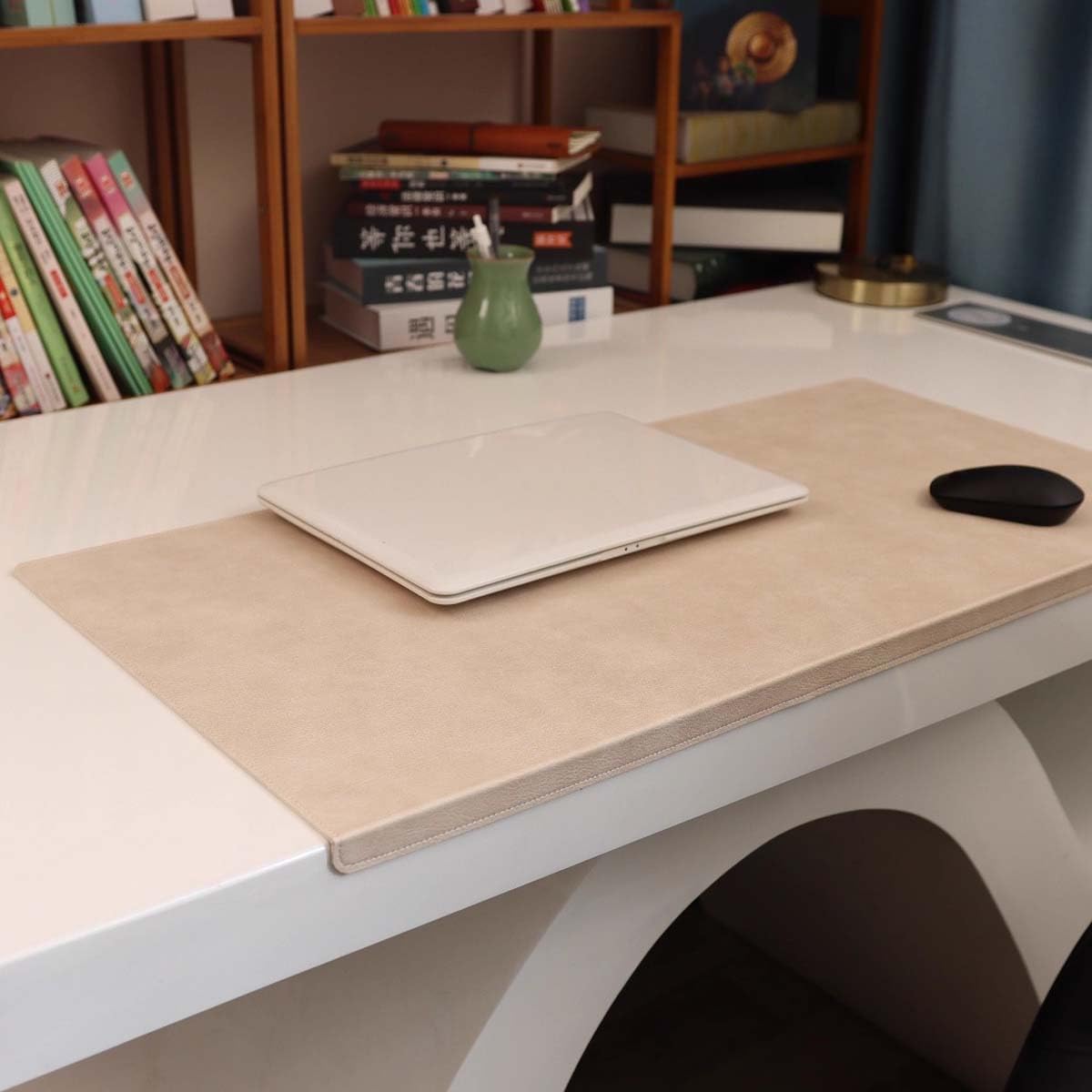 Luxury Leather Laptop Desk Pads, Large Mouse Pad with Edge Protector, Waterproof Table Mat Smooth Writing Pad for Office and Home (60x110cm,Beige)