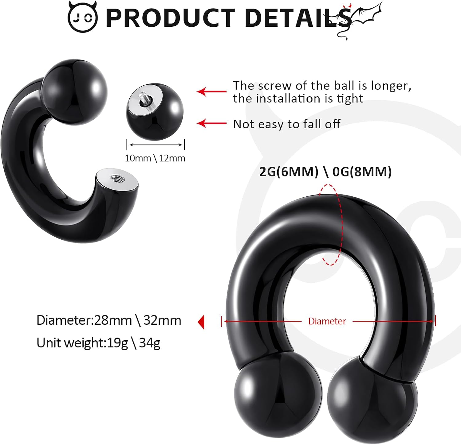 Ear Weights Stainless Steel Ear Gauges Spring Action Captive Bead Ear Hangers Horseshoe Ear Heavy Ear Expander Stretcher Piercing Jewelry for Men Women 2G 0G