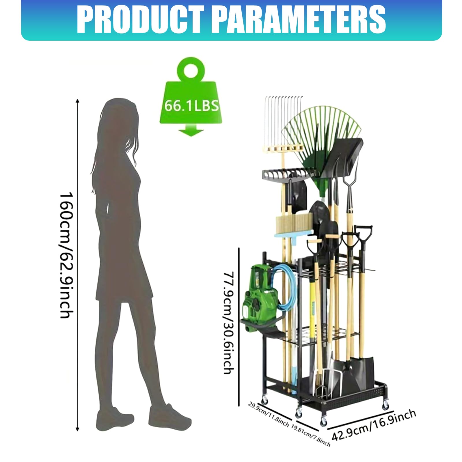 Support mural pour outils de jardinage avec plusieurs sections et rouleaux, parfait pour l'arrangement d'atelier, en acier, compact avec séparateurs et roulettes, idéal pour ranger du