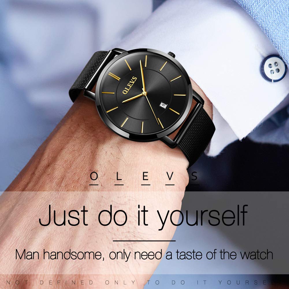 OLEVS Thin Inexpensive Watches for Men Waterproof Black Minimalist Stainless Steel Watches with Date Mens Analog Quartz Watch for Business Christmas Holiday Valentine's Day