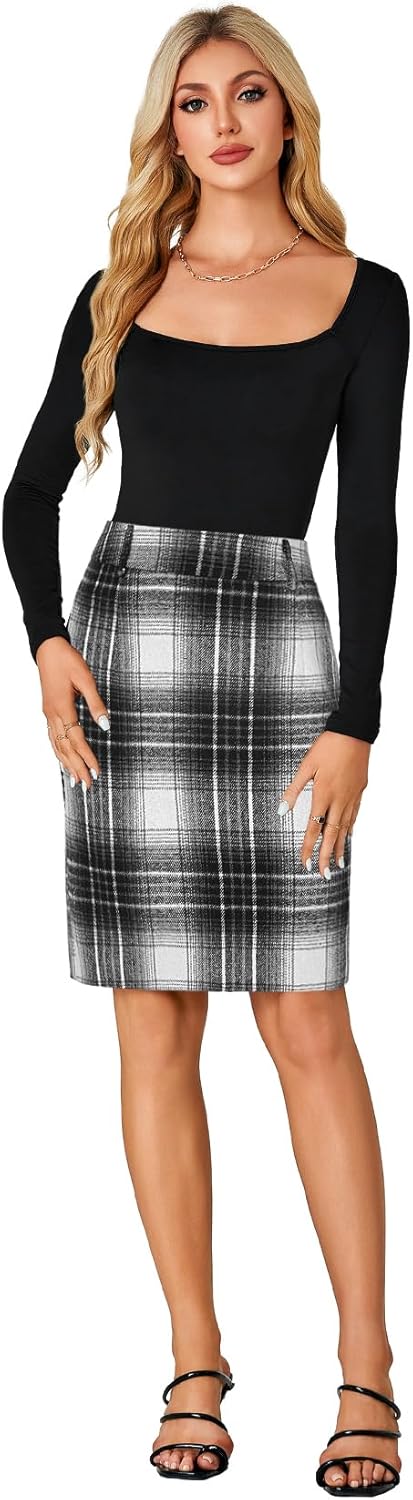 LYANER Women's Wool Plaid Print High Waist Zipper Bodycon Fall Pencil Midi Skirt Knee Length - Image 6