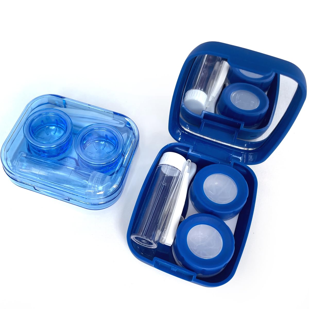 Fsunthmass [Pack of 2] Portable Contact Lens Case Blue Scrub with Mirror,Blue transparent Leak-Proof Contact Case Travel with Tweezers Remover Tool Solution Bottle for Travel & Home
