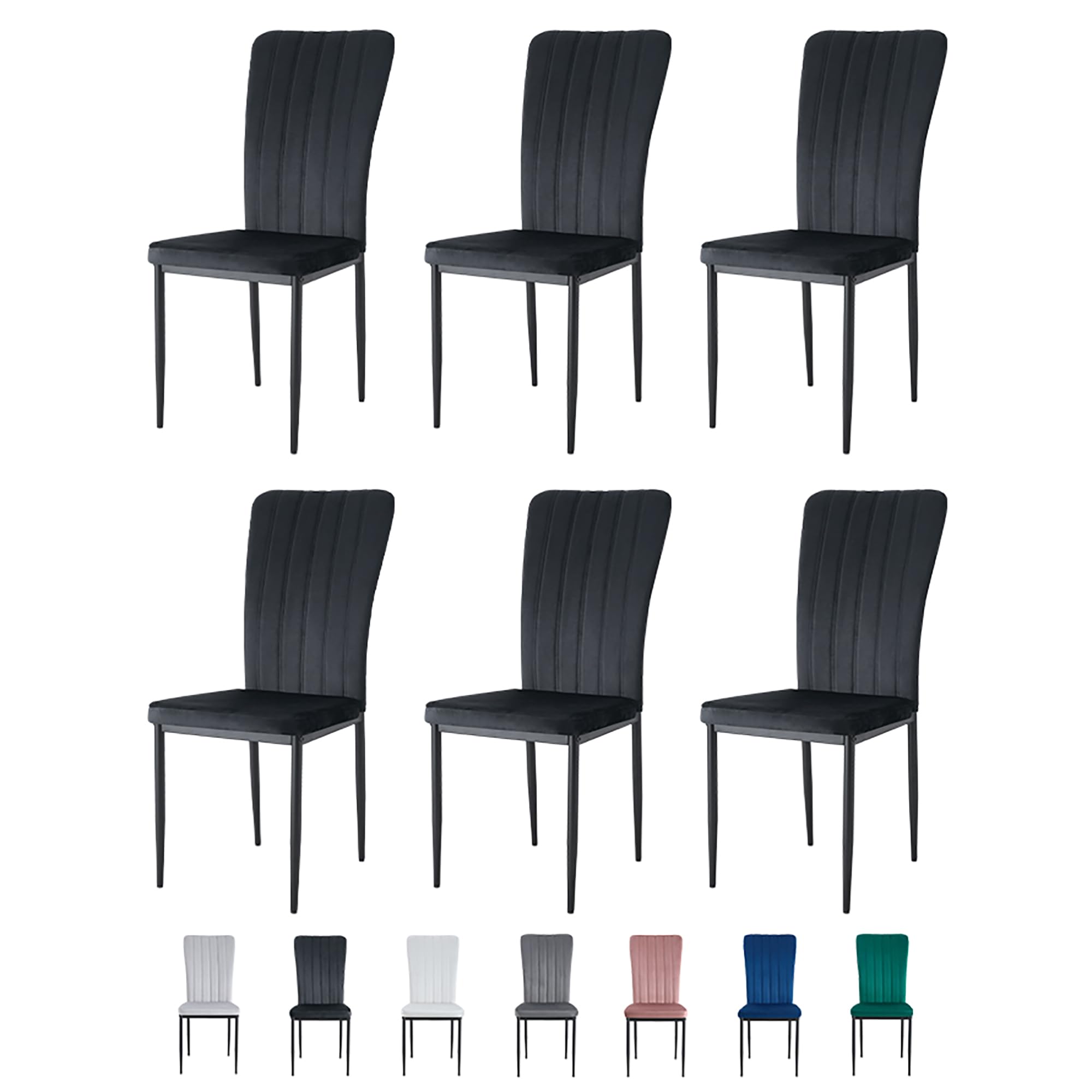 mcc direct Set of 6 Dining Chairs, Velvet High Back Kitchen Chairs with Upholstered Soft Seat and Metal Legs for Home, Office, Dining and Reception - Elle (Black)