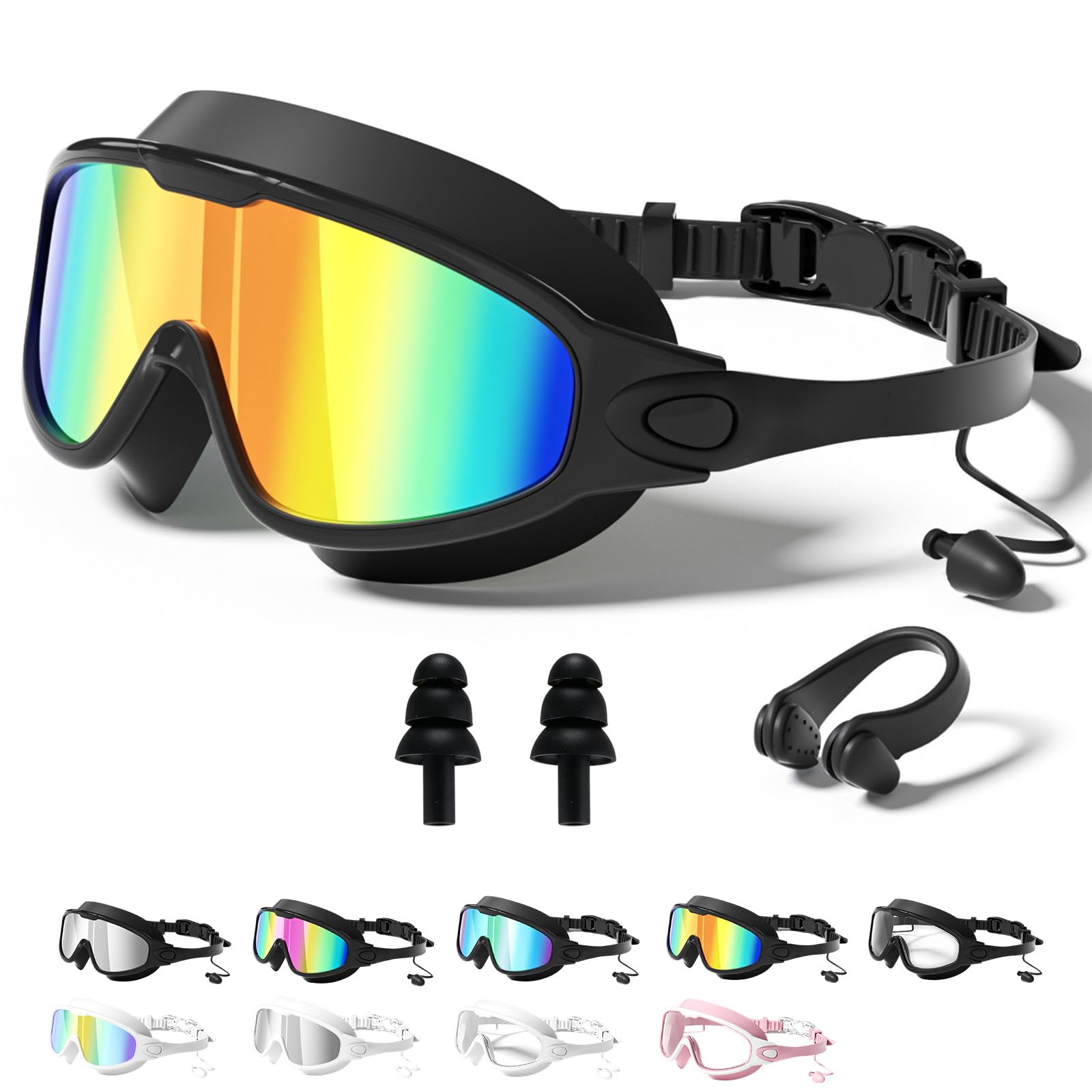 My Cool Summer Goggles, 180° Wide View Anti Fog & UV No Leaking Swim Glasses, with Ear Plugs & Nose Clip for Children and Early Teens, Waterproof, Anti-Fog, UV Protection (1-Black with red plating)