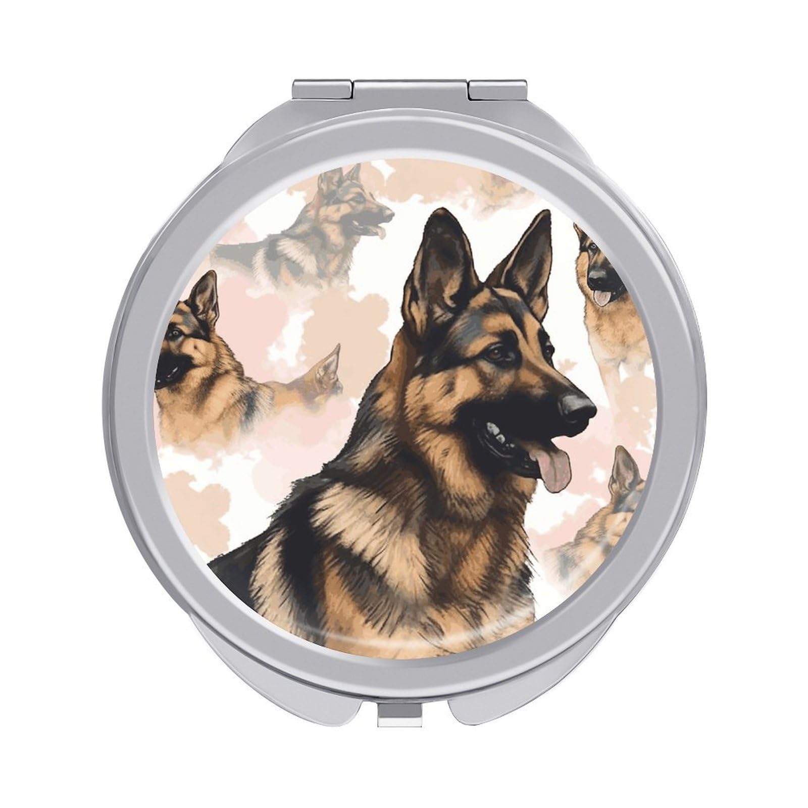 Compact Hand Mirror with 1x/2x Magnifying Round Travel Makeup Mirror Mini Foldable German Shepherd Dog Lovers Cosmetic Mirrors Travel Essentials Gift for Women Girl Portable for Pocket Purse -Silver