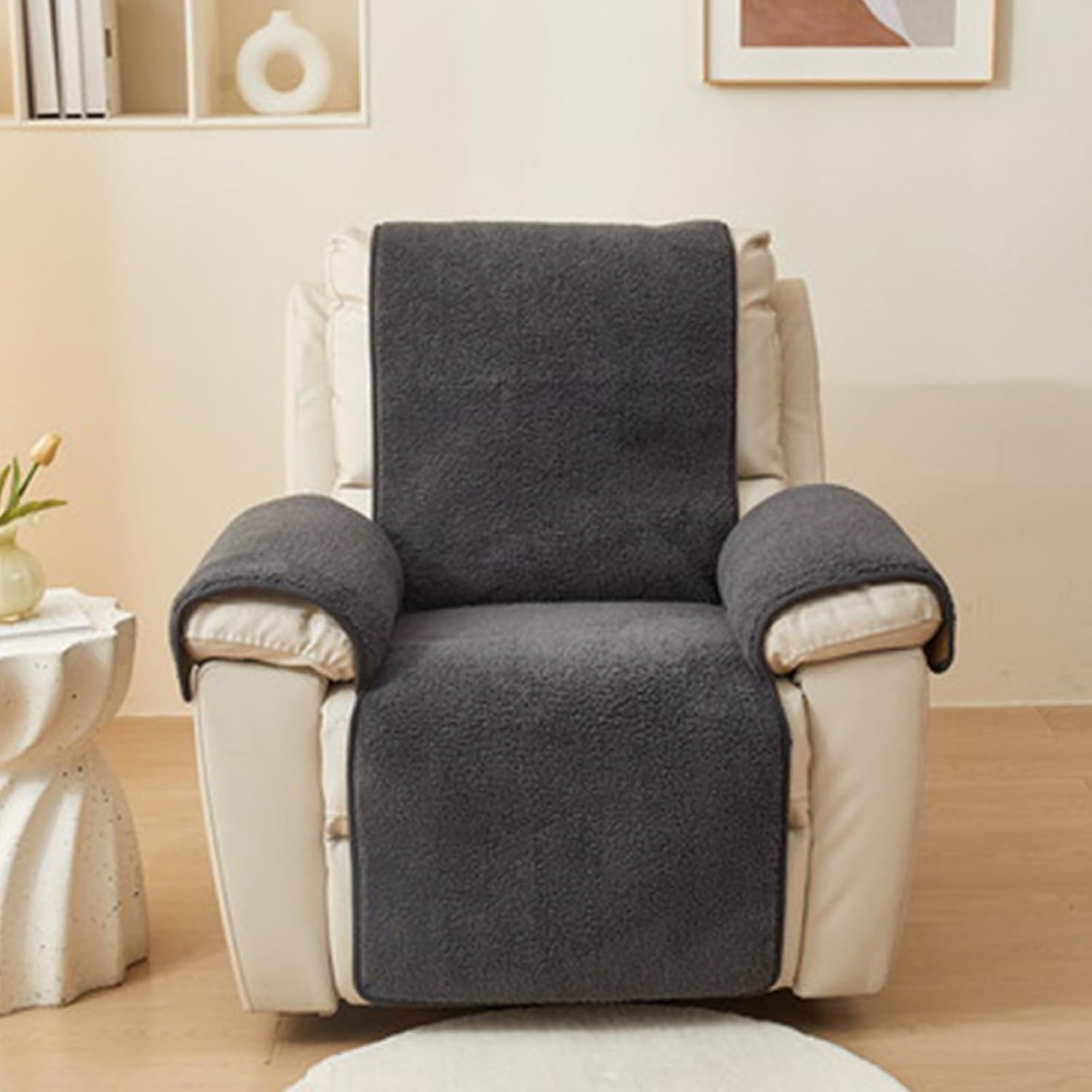 Non-Slip Sherpa Fleece Recliner Chair Cover, Washable Soft Sofa Slipcover, Fluffy Furniture Protector for Kids & Pets, Stay-in-Place Couch Shield Dark Grey-30"*91"