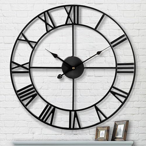 Miniatura 3 de Reloj de pared grande de metal retro con números romanos, relojes redondos modernos casi silenciosos, fáciles de leer para sala de estar, hogar,