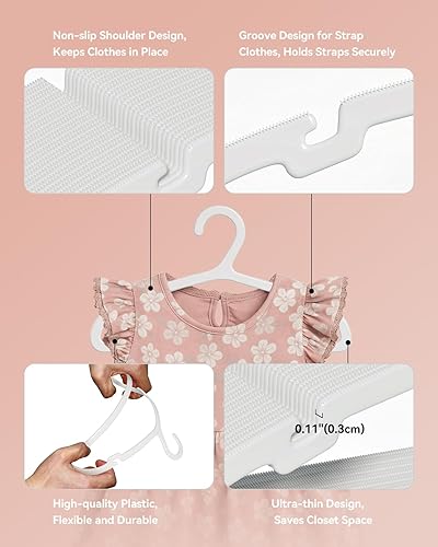Miniatura 5 de ABHENG Perchas de Plástico para Bebé, Paquete de 60, Perchas Ultra Delgadas para Armario, Antideslizantes, que Ahorran Espacio, Resistentes, 11" An