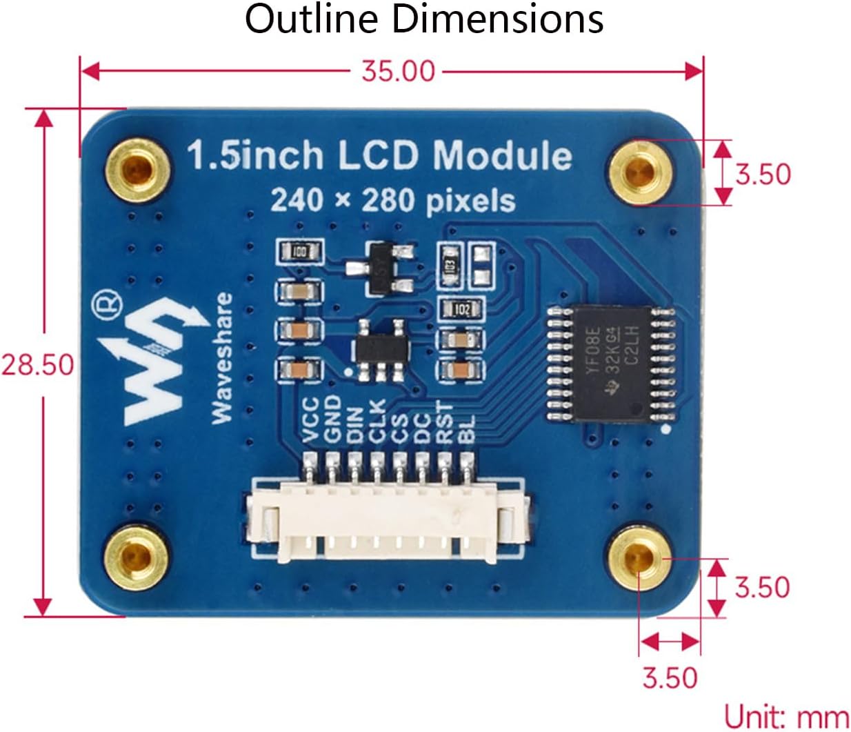 Waveshae 1.5inch LCD IPS Display Module Rounded Corners, 240x280 Resolution 262K RGB Display Colors, SPI Interface Compatible with Raspberry Pi/forArduino/STM32/ESP32/RP2040/Jetson Series