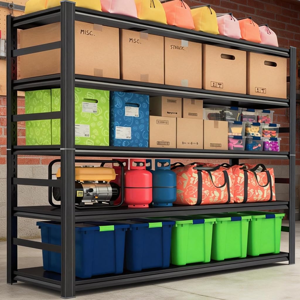 48''W Garage Shelving,5 Tier Heavy Duty Storage Shelves,Metal Garage Shelves Units,3300 lbs Adjustable Standing Shelf for Garage,Basement, Warehouse,Thickened Double-Layer Posts 78in×48inx18in