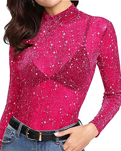 MANGOPOP Women s Long Sleeve Short Sleeve Glitter Sheer Mesh Tops T Shirt Blouse Clubwear (1111 (Rose Pink), Medium)
