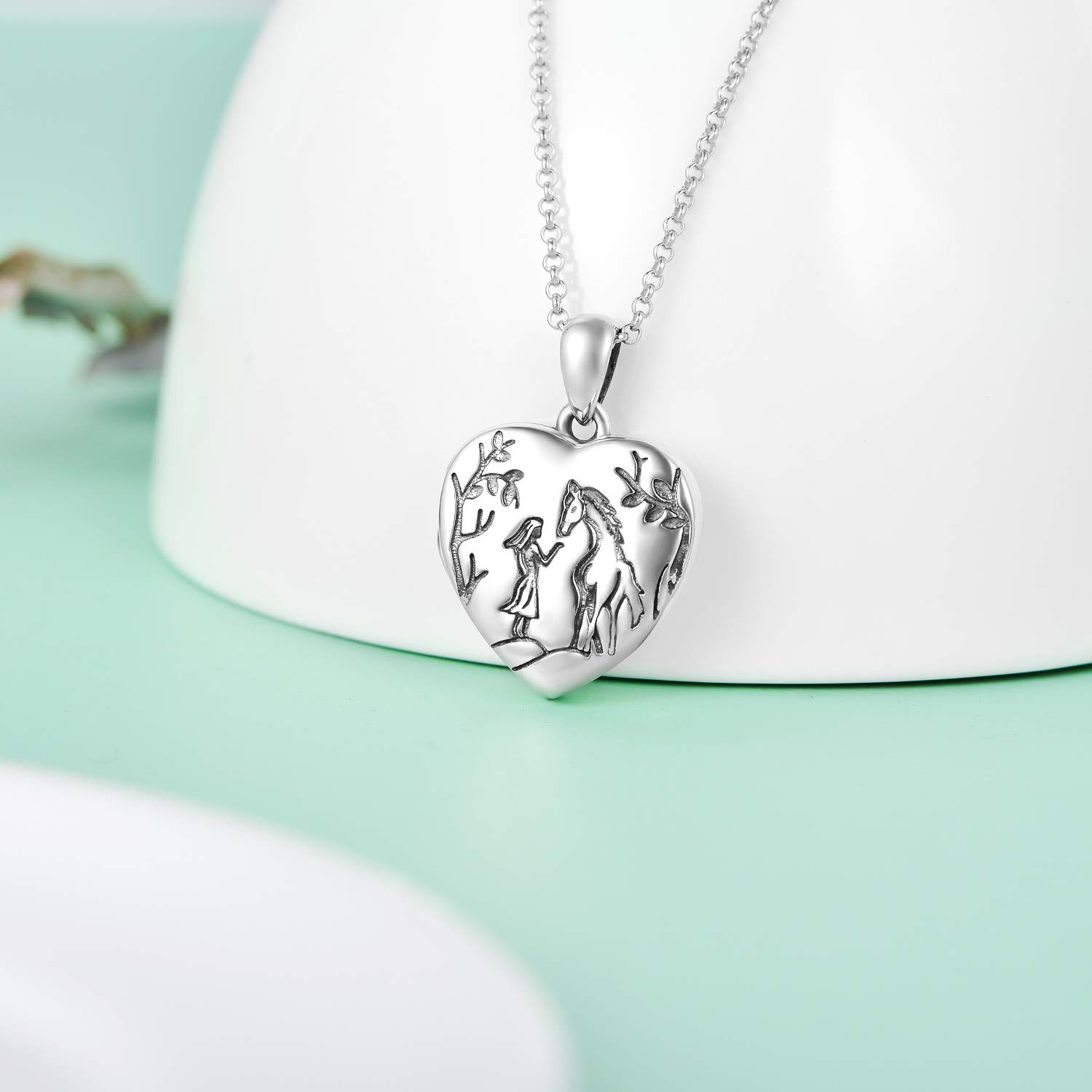 LONAGO 925 Sterling Silber Personalisiertes Foto Medaillon das Bilder Pferd Wolf und Mädchen Herz Medaillon Anhänger Halskette Schmuck Hält