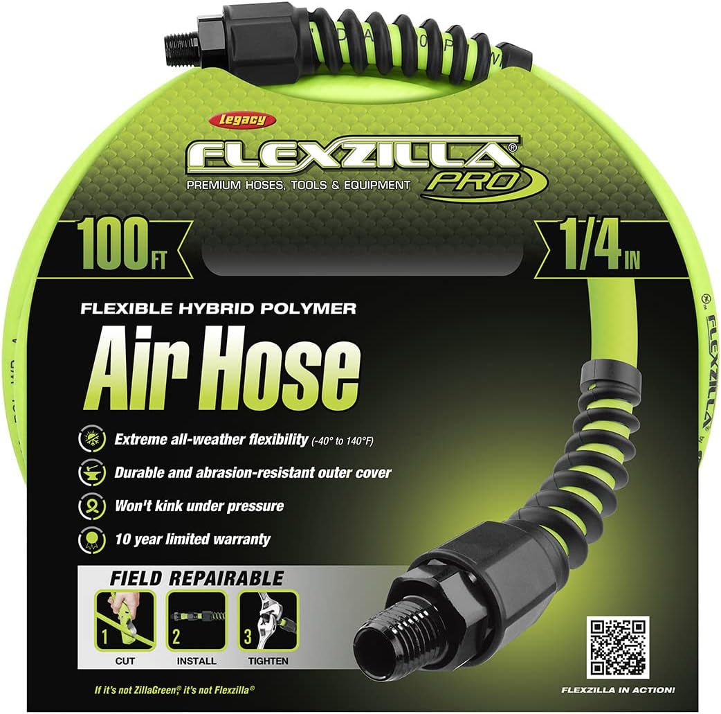 Flexzilla HFZP14100YW2 ZillaGreen Pro Air Hose 100 Feet | 1/4" Hose I.D. | All Weather Flexibility | Lightweight and Easy to Handle | Won't Kink Under Pressure