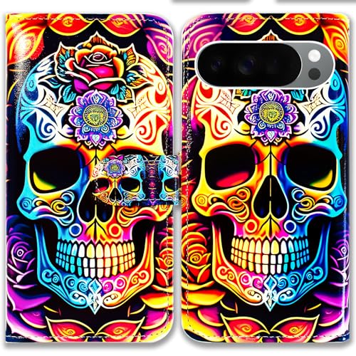 Étui pour Pixel 10 Pro XL étui portefeuille cuir mandala crâne