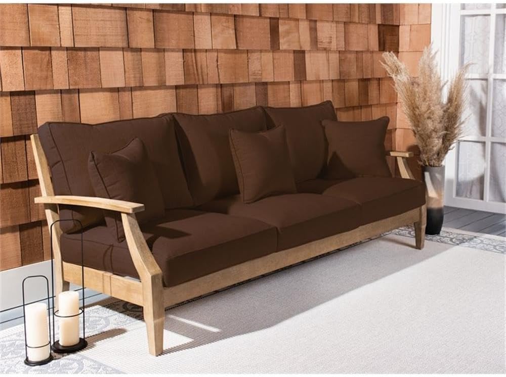 Pemberly Row Outdoor Sofa with Cushions, 81.5 in W x 35 in D x 32.1 in H, Eucalyptus Wood, Natural and Brown Finish, Coastal Style Patio, Deck, or Garden Seating, Plush Foam Cushions, Durable