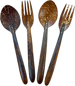 7" Coconut Shell Thai Cutlery Set - 2 Pairs of Spoons & Forks, Eco-Friendly Utensils, Sustainable Coconut Wood Cutlery