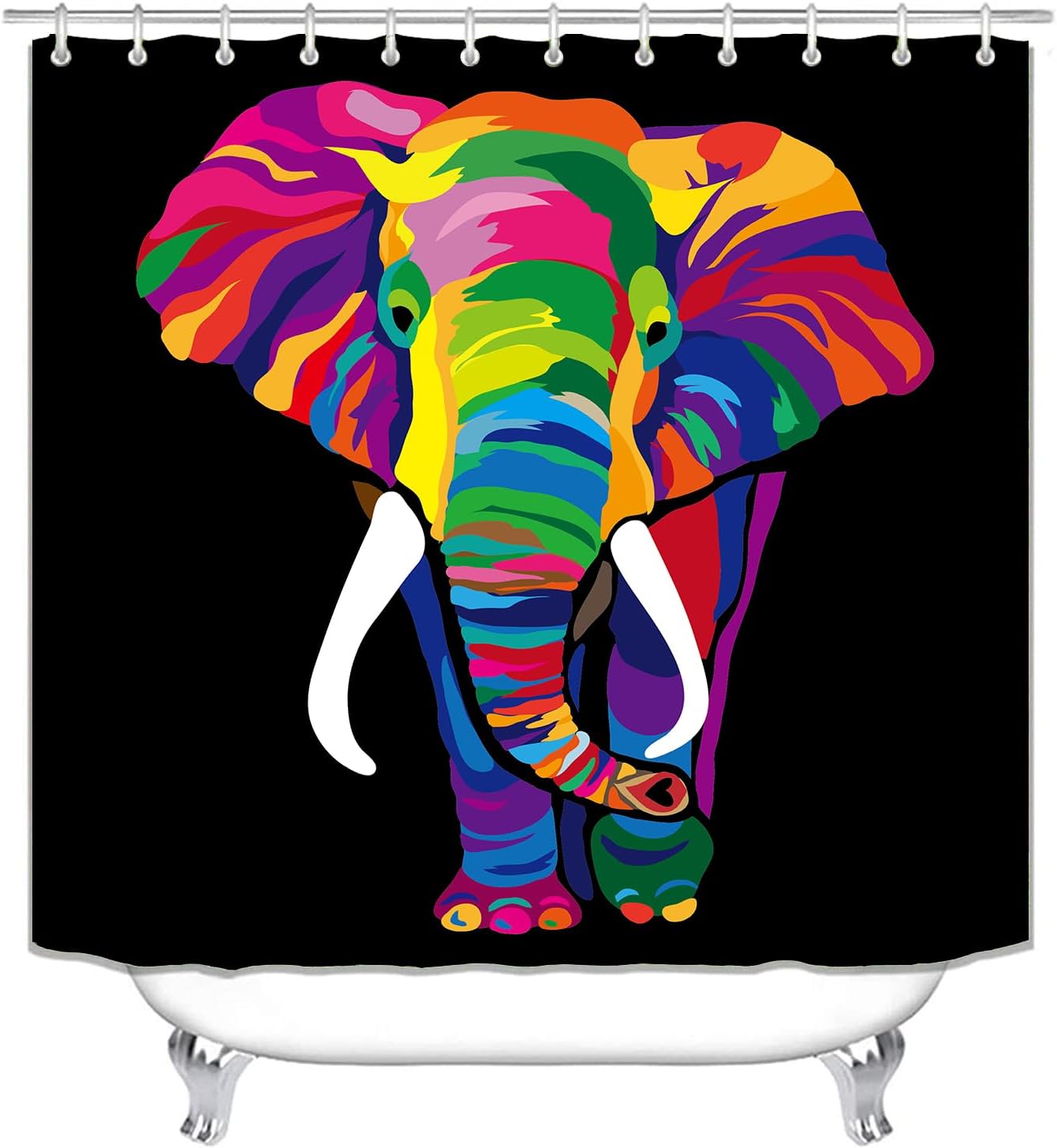 4 Pcs African Elephant Shower Curtain Sets with Rugs Toilet Lid Cover Bath Mat Cute Colorful Wild African Animal Rainbow Elephant Black Shower Curtain for Bathroom Set with Hooks 72 x 72 Inch