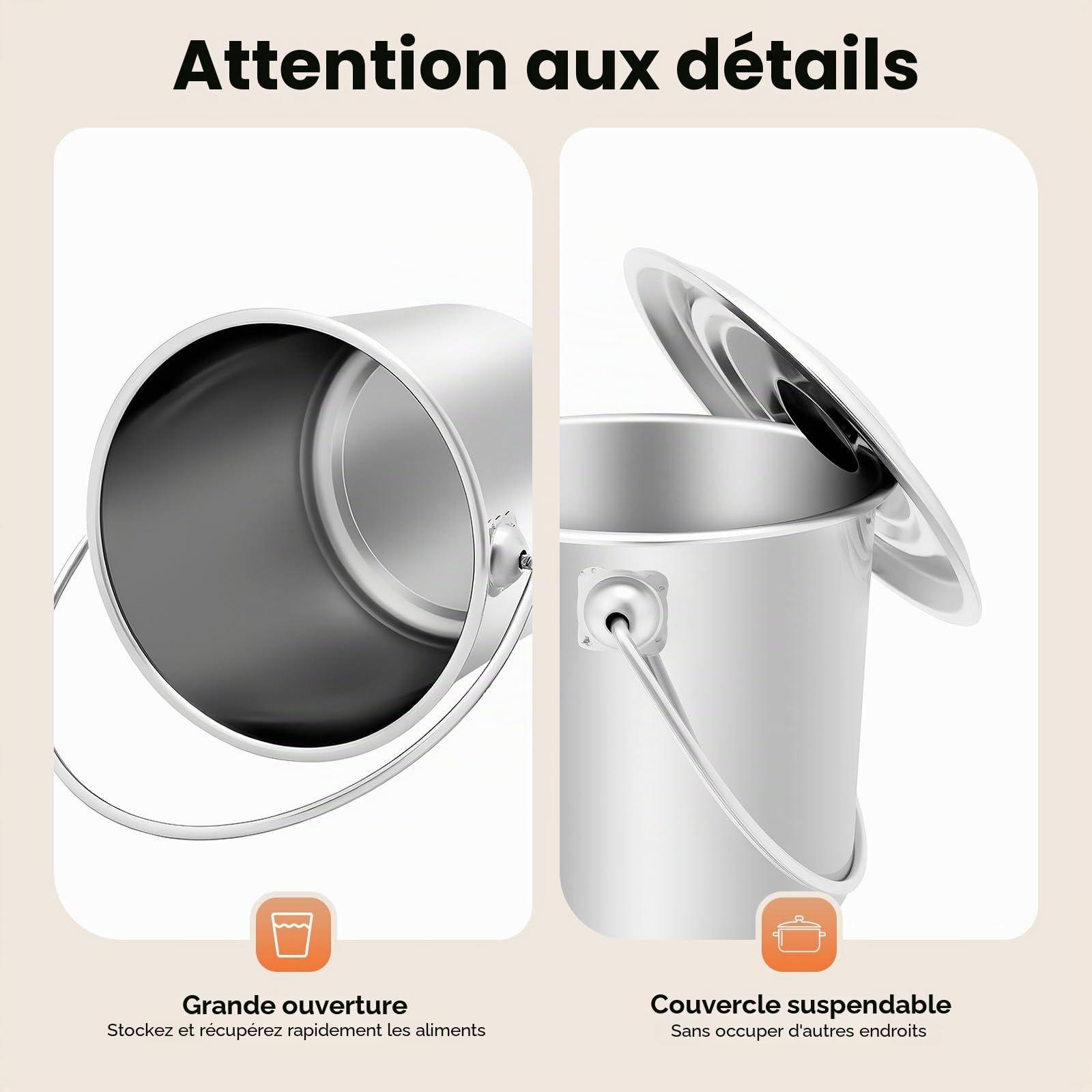 Seau en acier inoxydable avec couvercle - 6 l, 12 l, 20 l - Avec couvercle - Seau à lait - 6 l