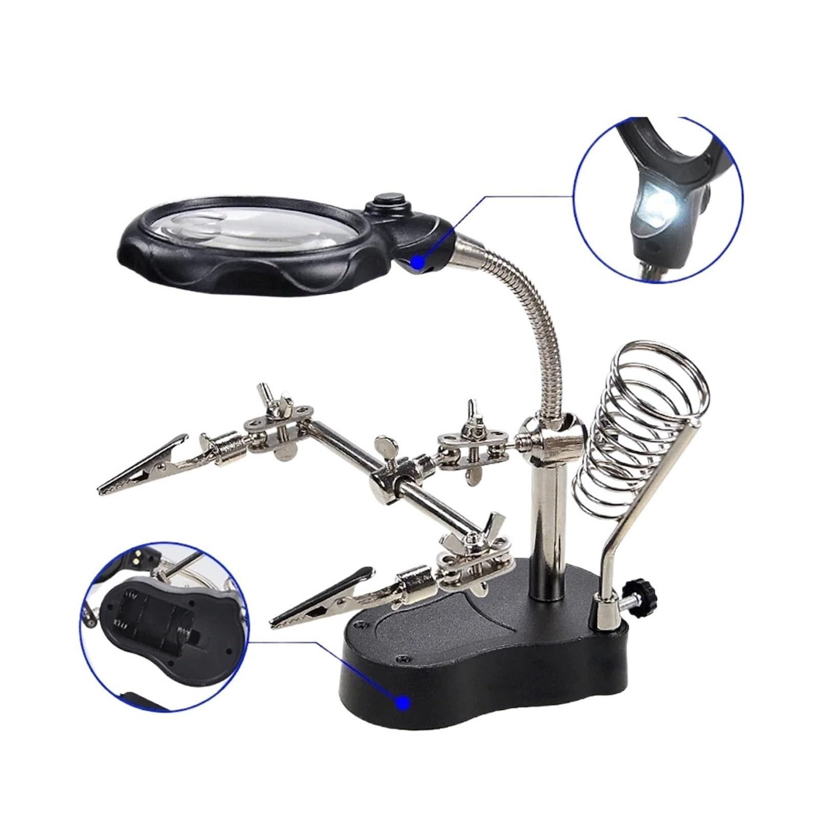 Saldatura Terza Mano Strumento, Lente d'Ingrandimento 3,5X 12X, Supporto for Saldatore Helping Hands con 2 Morsetti a Coccodrillo e Torcia USB