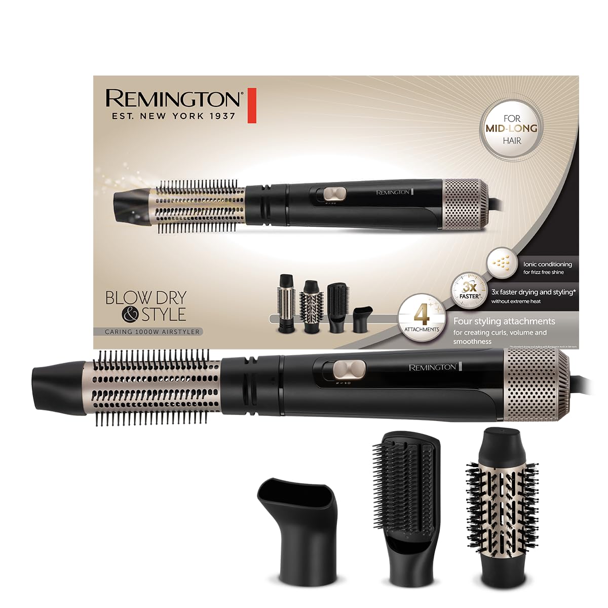 Remington Blow and Dry Caring Air Styler - Hair Dryer, Hot Brush and Hair Curler for Mid to Long Length Hair, 4 Attachments, 1000 Watts, AS7500 - Black