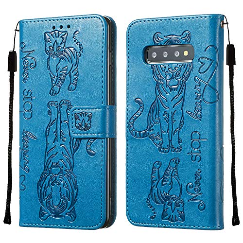 FAWUMAN Case for Samsung Galaxy S10 with Lanyard, PU+TPU Flip Case Wallet Card Slots Phone Case Stylish Flip Case with Stand Function and Magnetic Closure Phone Case Cat and Tiger-Blue