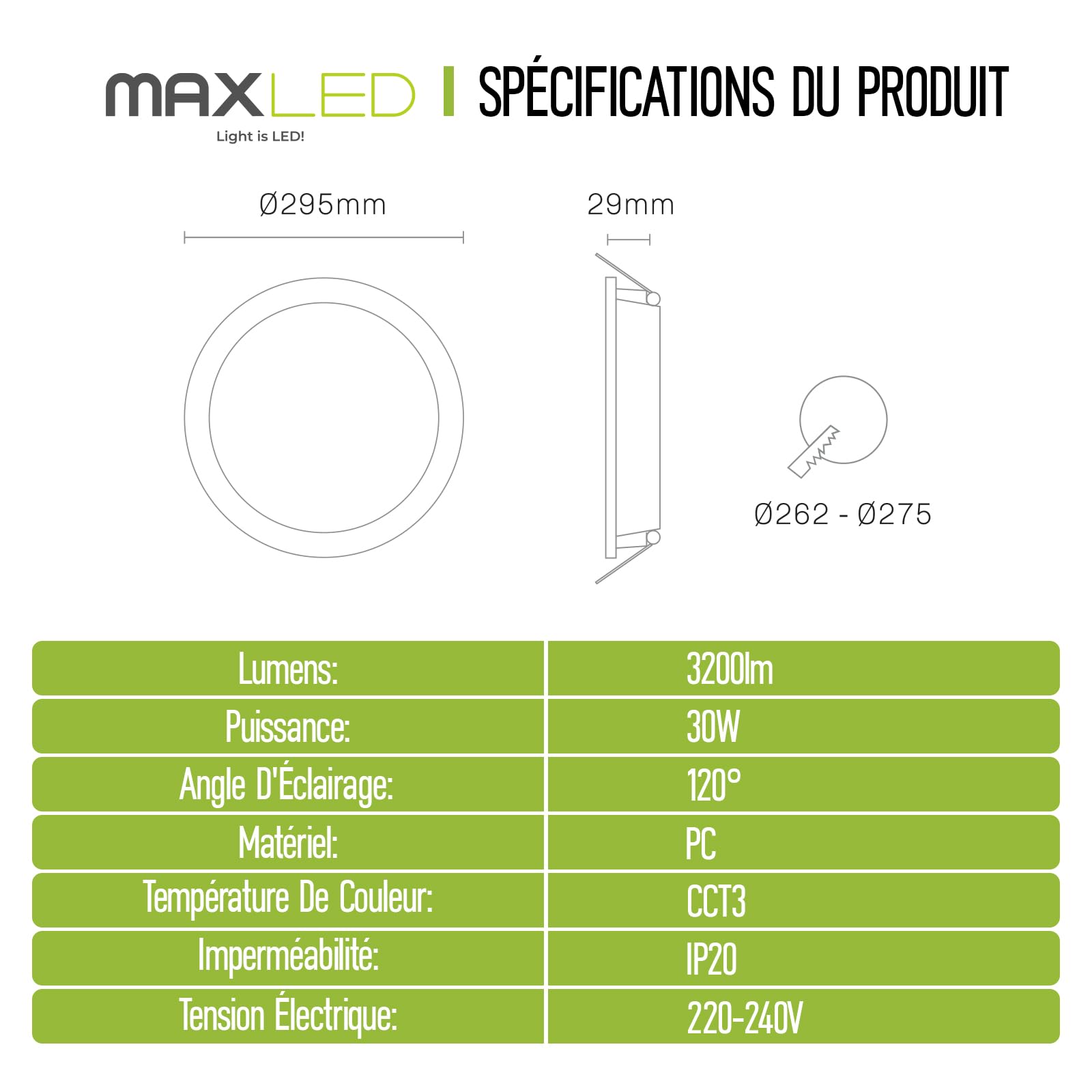 Spot Encastrable LED 30W 230V Ø295mm, 3200LM Spots Plafonnier Non Dimmable 3000K-6500K Spots Plafond Ultraplats Luminaires Encastrés Diamètre D'ouverture 262-275mm