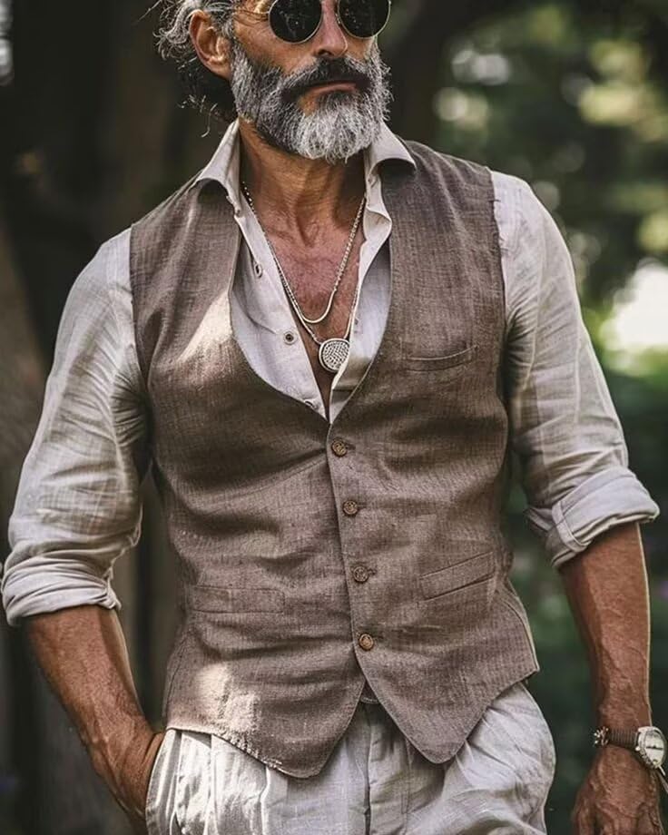Men's Summer Linen Suit Vest Slim Fit Vintage Dress Vest Beach Wedding Casual Waistcoat for Party Groomsmen2