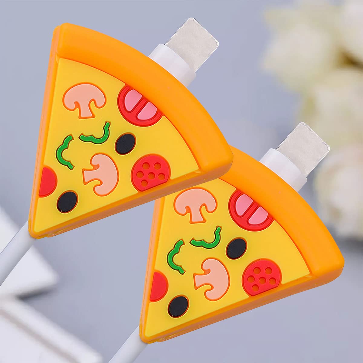 Silicone Cute Charging Cable Wire Protector, Cord Protection Compatible for Android USB, Type-C and Camera Cable/Smartphone/iPhone Charging Cables- (Pizza Design) Set of 2, Yellow-image-9
