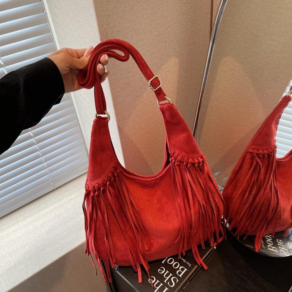 Women's Frosted Fringe Hobo Bag, Suede Leather Fashion Underarm Shoulder Purse, Novelty Tassel Bucket Crossbody Bag - Image 2