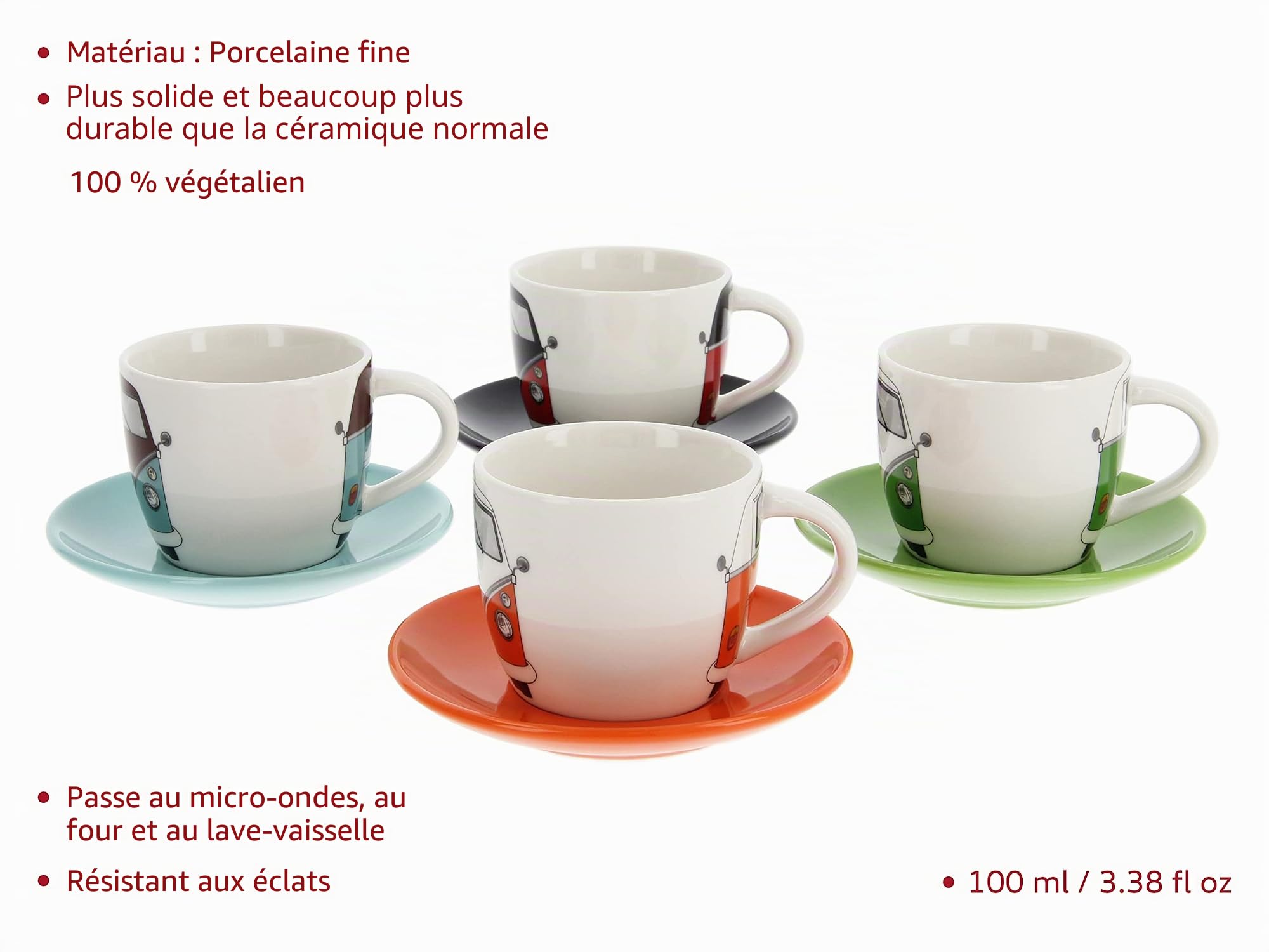 BRISA VW Collection - Volkswagen Ensemble tasse à espresso, café, thé et cappuccino (Bus Avant/4 Couleurs/4 Tasses)