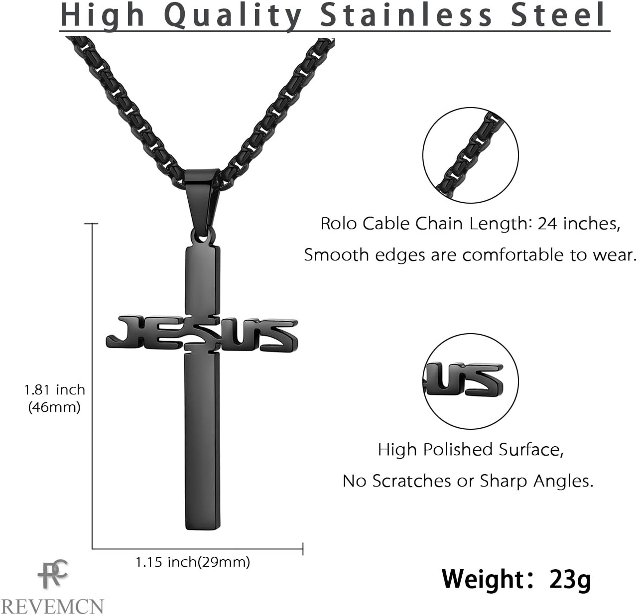 REVEMCN Stainless Steel Jesus Cross Pendant Necklace for Men Women 20-24 Inches Rolo Chain Christian Gifts for Men Faith - Image 5