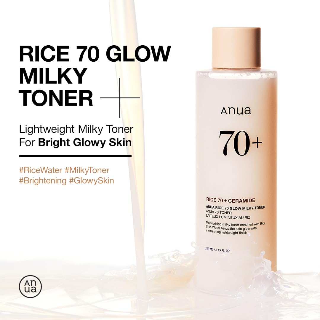 Amazon.com: ANUA RICE 70 GLOW MILKY TONER, for Glass Skin and Brightening, Rice Water, Niacinamide, Ceramides, Panthenol, Fragrance-free, Non comodogenic, Fungal Acne Safe, Korean Skin Care, 250ml/8.45fl.oz. : Beauty & Personal Care